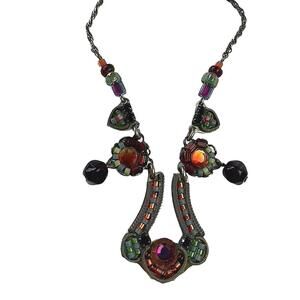 Ayala Bar Silvertone Multi-Color Glass Abstract Harp Necklace